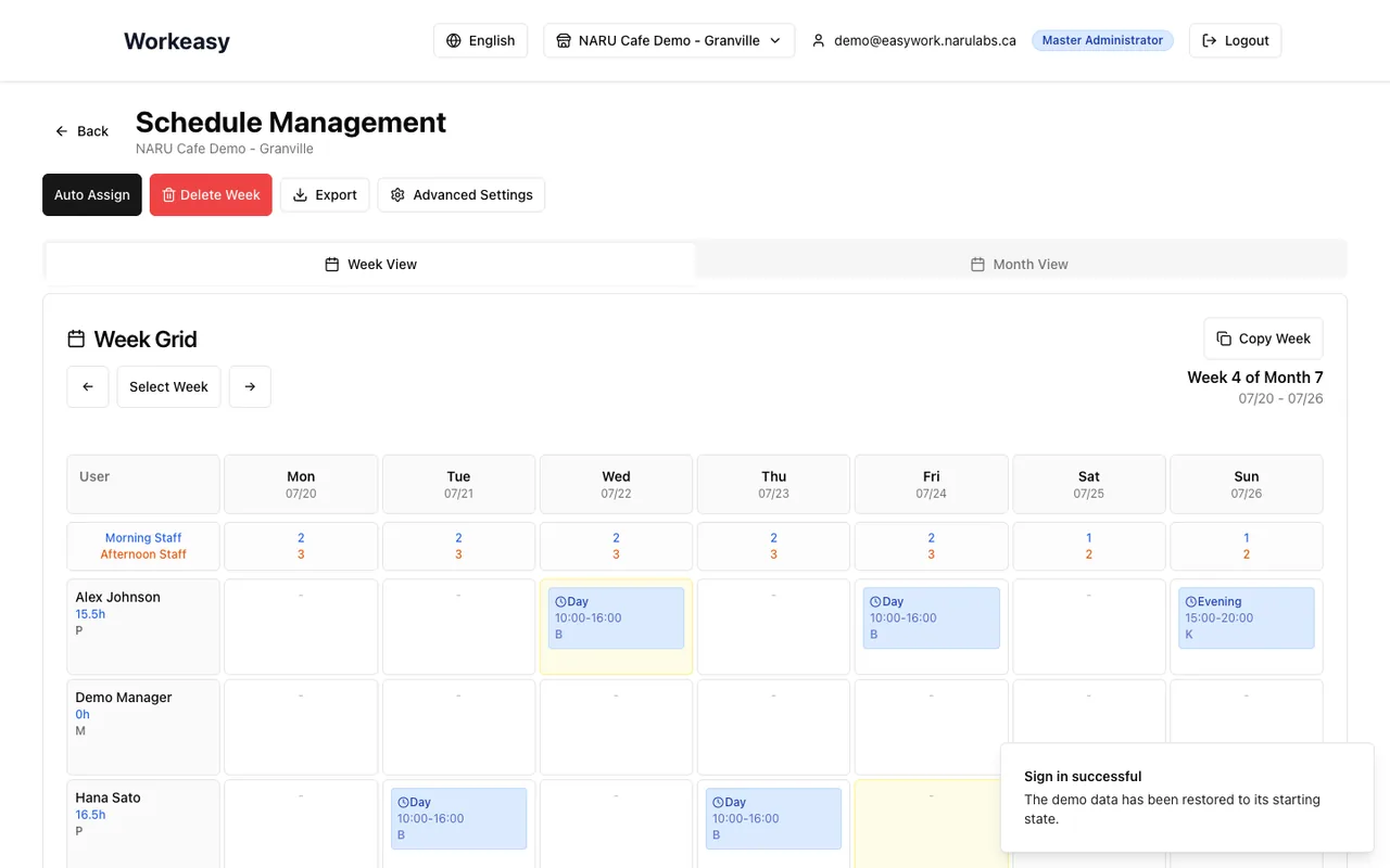Easy Work sample weekly schedule showing staff assignments and store coverage.